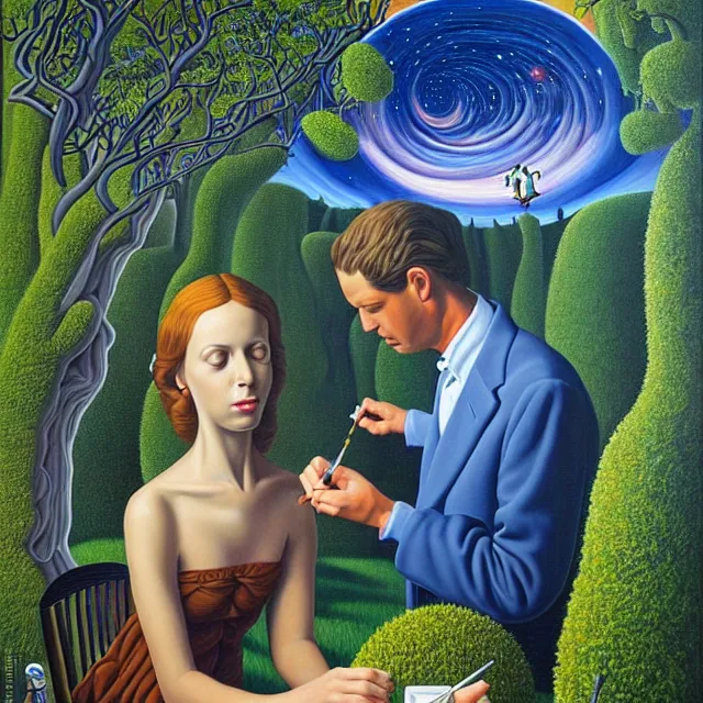 Prompt: an oil on canvas portrait of a man painting a portrait of a beautiful woman in the garden, surrealism, surrealist, lovecraftian, cosmic horror, rob gonsalves, high detail