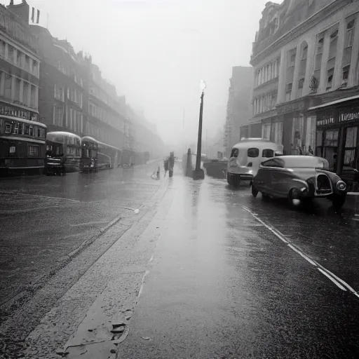 A 1950s rainy street scene in London, black & white | Stable Diffusion