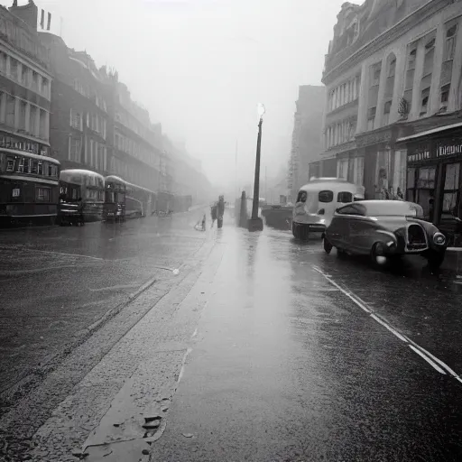 Prompt: A 1950s rainy street scene in London, black & white photograph