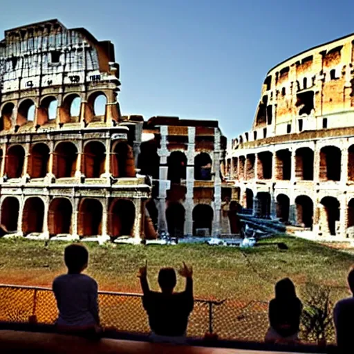 Image similar to the roman coliseum with spectator apes and humans killing each other