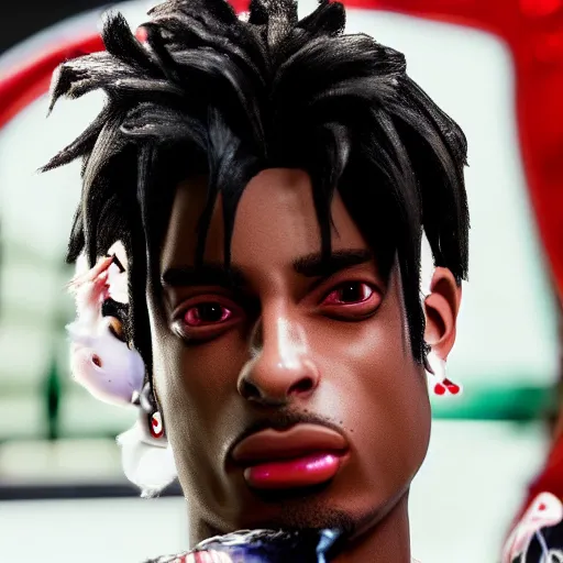 Image similar to a videogame still of Playboi Carti in Tekken 7, portrait, 40mm lens, shallow depth of field, close up, split lighting, cinematic, 2022