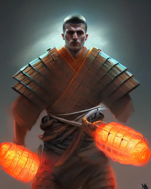 Prompt: face portrait of nikola jokic as a muscular ronin samurai, wearing a haori, by wlop and peter mohrbacher, dramatic action pose, extremely detailed shading, concept art, digital painting, trending on artstation, unreal engine 5, octane render, atmosphere, glow, cinematic lighting, full of color