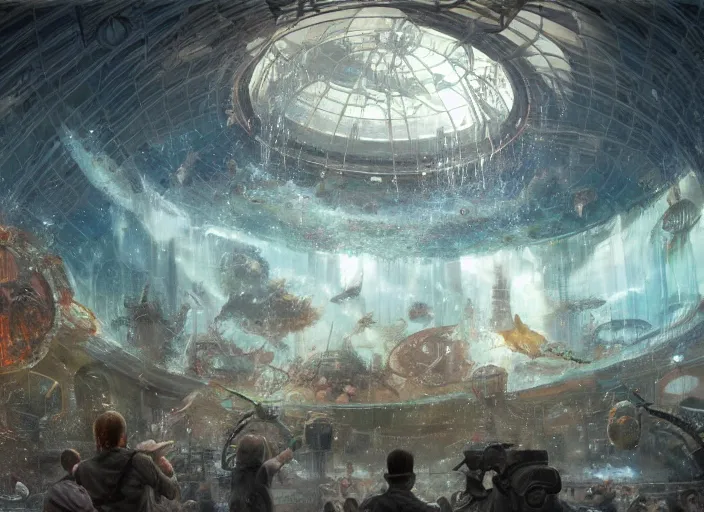 Prompt: A bustling beautiful city on the sea floor inside a glass dome being invaded by aliens, war, explosions, violence, terror, war spaceships, anime, fountain, statue, underwater, rapture, fish flying over head, godrays, a fantasy digital painting by Greg Rutkowski and James Gurney, trending on Artstation, highly detailed