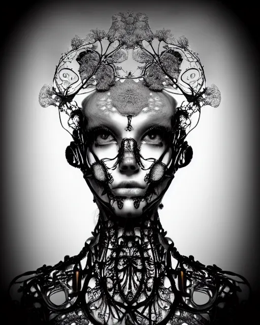 Image similar to surreal black and white photo portrait of complex bio-mechanical beautiful young female vegetal-cyborg with a Mandelbrot fractal steampunk metal fine lace face, curled silver hair and a fine metal floral foliage super big lace collar by Alexander McQueen:: high fashion, haute couture, rococo, steampunk, silver filigree details, anatomical, facial muscles, cable wires, microchip, elegant, hyper realistic, 150 mm lens, soft rim light, octane render, unreal engine, picture was taken in 1910, volumetric lighting, 8k,