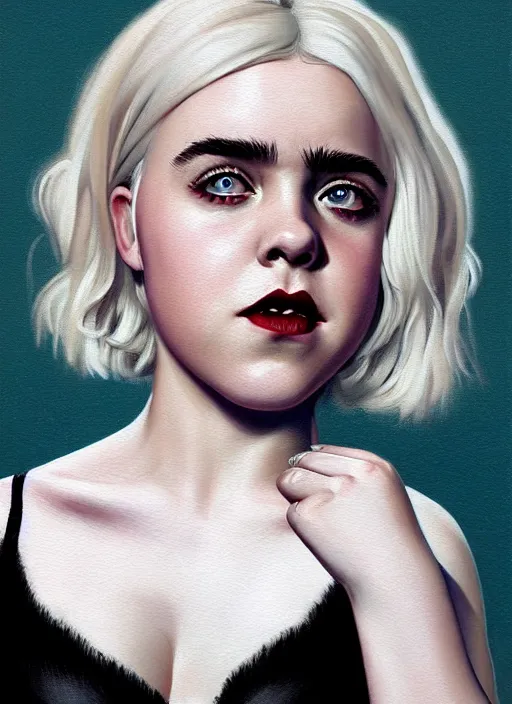 Image similar to full body portrait, kiernan shipka as sabrina spellman, white hair, obese, bangs, sultry, realistic, sultry smirk, fluffy bangs, freckles, fat, belly, intricate, elegant, highly detailed, digital painting, artstation, concept art, smooth, sharp focus, illustration, art by wlop, mars ravelo and greg rutkowski