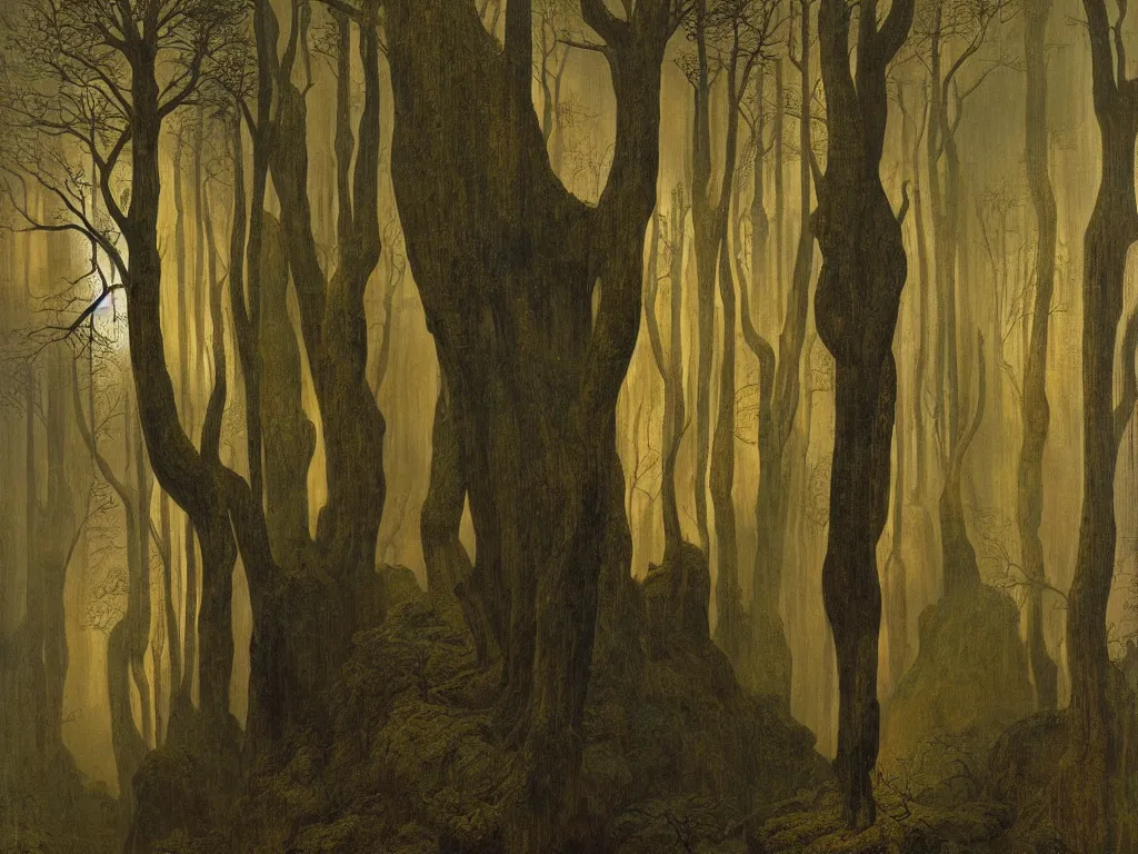 Prompt: Giant African sculpted god in a ravine, fog, melancholy, noise, surreal canopy, Harsh, golden light. Painting by Caspar David Friedrich, Peter Doig, Yves Tanguy.