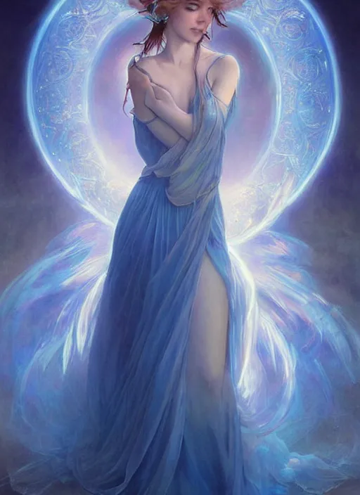 Prompt: a glowing blue fairy made of light. she looks like a teenage girl and wears a long flowing dress. she is made of blue light and fades into light at the edges. beautiful fantasy art by artgerm and greg rutkowski and alphonse mucha