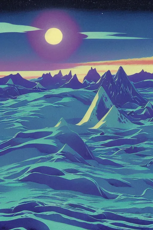 Prompt: a closeup painting of a mysterious unidentified object dreaming psychedelic hallucinations in the vast icy landscape of Antarctica, by kawase hasui, moebius and Edward Hopper, colorful flat surreal design, hd, 8k, artstation