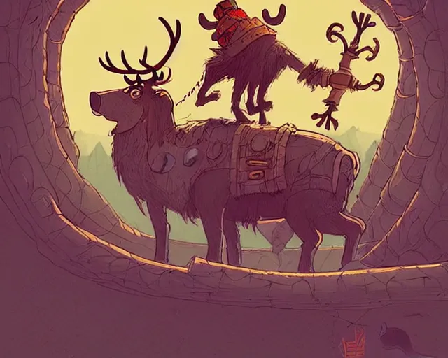 Image similar to cell shaded cartoon of a hairy chebo viking boarding a ship, a reindeer stands in the distance, subtle colors, post grunge, concept art by josan gonzales and wlop, by james jean, victo ngai, david rubin, mike mignola, deviantart, art by artgem