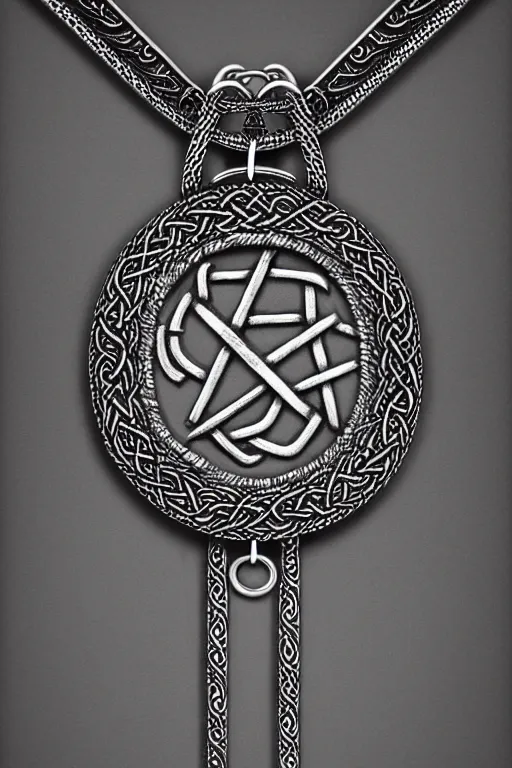 Image similar to Necklace made of silver,nordic, Viking, runes engraved, Cooper lining ,intricate, elegant, highly detailed, digital painting, artstation, concept art, addiction, chains, smooth, sharp focus, illustration, art by Ilja Repin