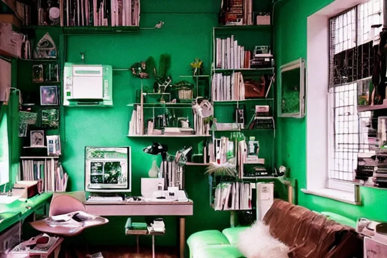 Prompt: apartment organization inspo green and fluffy, in 2 0 5 5, y 2 k cybercore, low - light photography, bathed in the glow of a crt monitor, still from a wes anderson movie