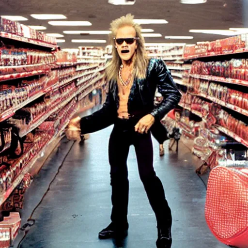 Image similar to david lee roth singing on stage with van halen inside a target store. photo by annie liebowitz.