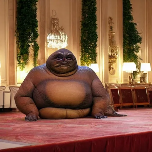 Prompt: Jabba the Hutt at Mar-a-Lago.