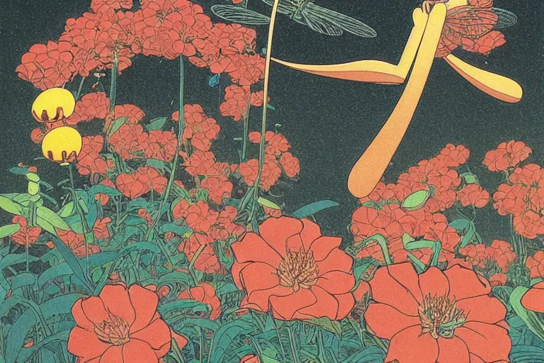 Prompt: gigantic mechanical dragonfly head human faces catch tiny frogs, a lot of exotic flowers around, human tears everywhere, risograph by kawase hasui, dirtyrobot, edward hopper, satoshi kon and moebius, colorful flat surreal design, super - detailed, a lot of tiny details, fullshot, grainy