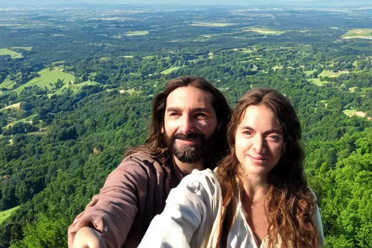 Image similar to selfie close - up photo from a mobile phone of jesus and mary magdalene standing on a cliff looking over a beautiful landscape in france, rennes - le - chateau, award winning photo, very detailed, very realistic cinematic