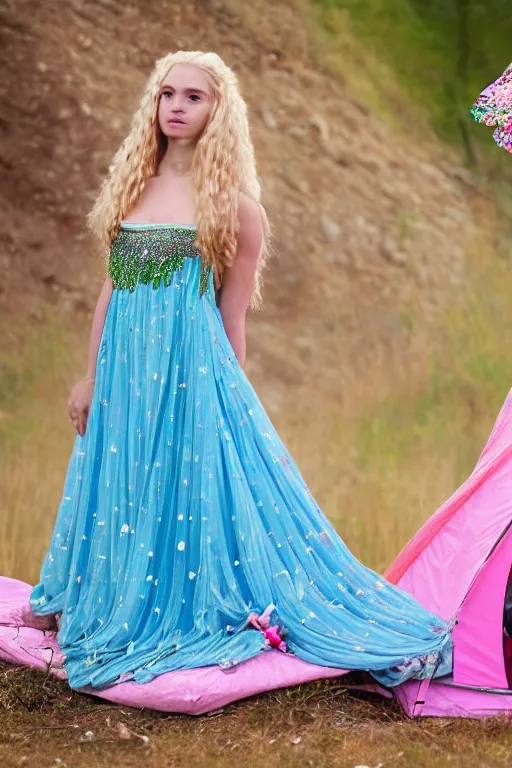 Image similar to a princess with long blonde hair and light blue eyes wearing a strapless elaborately beaded pink dress standing next to a green popup camping tent, high resolution film still, 8k, HDR color, film by Simon Langton and David Frankel, triangular face, very light freckles, round narrow chin, straight jawline, natural lips, high cheekbones, beautiful gazing eyes