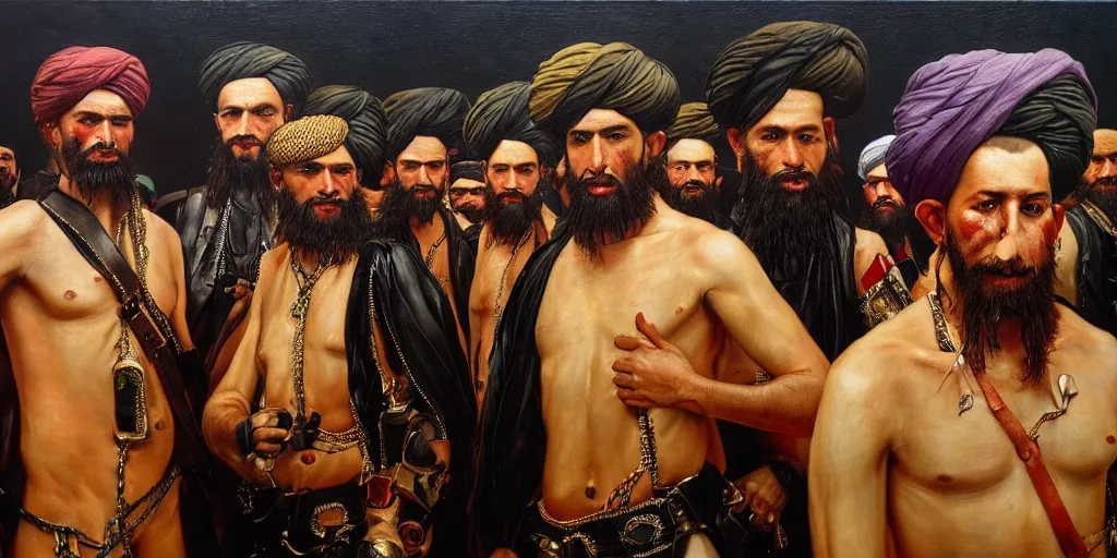 Prompt: taliban and leather men at pride, abstract oil painting by gottfried helnwein pablo amaringo raqib shaw zeiss lens sharp focus high contrast chiaroscuro gold complex intricate bejeweled