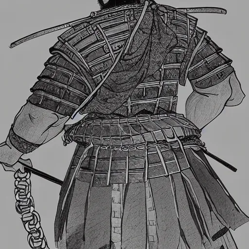 Image similar to A PORTRAIT FROM BEHIND OF A SAMURAI ,THE THE MAN IS WRAPPED IN CHAINS ,detailed, concept art, ink style , sketch