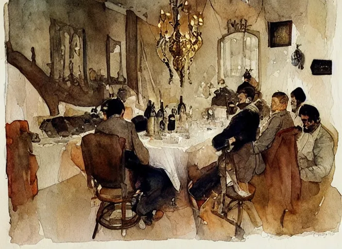 Image similar to gentlemens dinner, cellar, masterpiece, torches on wall, meat, wine, schnapps, watercolor by anders zorn and carl larsson, art nouveau