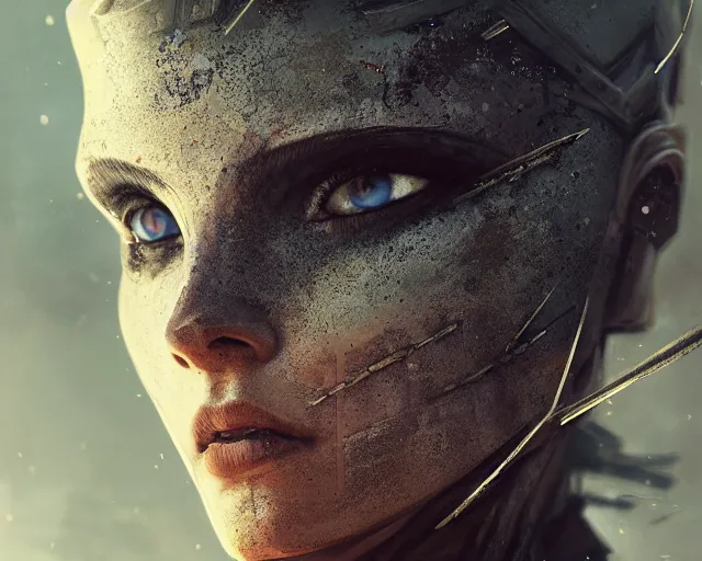 Prompt: close up symmetrical portrait photo of an armored beautiful female warrior in, in post apocalyptic wasteland. art by greg rutkowski. highly detailed 8 k. vibrant. bright. intricate. lifelike. soft light. nikon d 8 5 0.