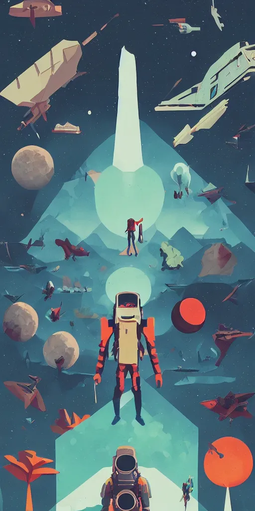 Image similar to no mans sky, dark 2D matte gouache illustration, poster, style of wes anderson