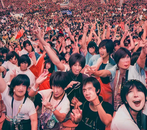Prompt: photo of an japan 1 9 8 0 pop music festival, and people enjoying the show, color photo, colored, ( sony a 7 r iv, symmetric balance, photolab, lightroom, 4 k, dolby vision, photography award )