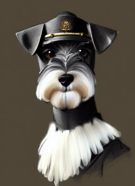 Image similar to portrait of stoic looking miniature schnauzer, military uniform, black fir, white eyebrows, fantasy, intricate, elegant, highly detailed, centered, dark, smokey, digital painting, artstation, concept art, smooth, sharp focus, illustration, art by artgerm and greg rutkowski and alphonse mucha