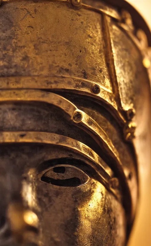 Image similar to a warrior wearing a corinthian helmet, museum photography, closeup, bokeh, golden hour