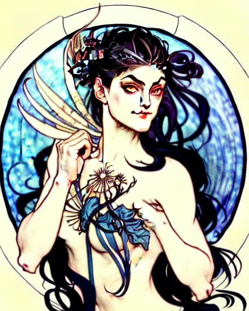 Image similar to in the style of artgerm, arthur rackham, alphonse mucha, phoebe tonkin, symmetrical eyes, symmetrical face, flowing blue skirt, full entire body, hair blowing, intricate filagree, hidden hands, warm colors, cool offset colors