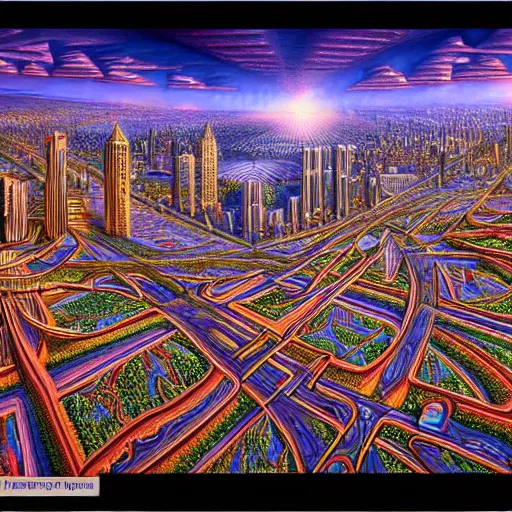 Image similar to highly detailed urban landscape, in the style of alex grey, tool, global illumination, radiant light, detailed and intricate environment h 6 0 4