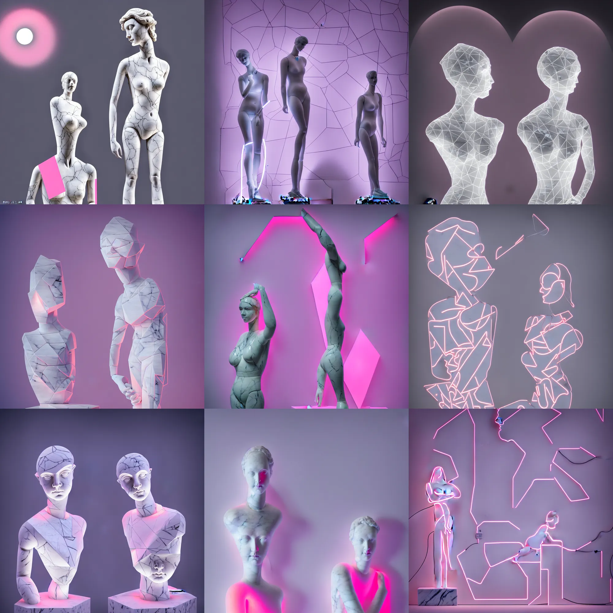 Prompt: beautiful marble sculpture of a mannequin by billelis + lit with 3 d geometric neon + hosta flowers!!!, moon in background!, facing a doorway opening with neon pink geometric light, rococo architecture, moody, award winning, clean linework, dramatic, finely detailed, 4 k, trending on artstation, photorealistic, volumetric lighting, octane render