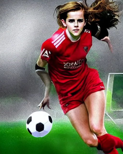 Image similar to a portrait of emma watson as a lokomotiv football player, hyper realistic