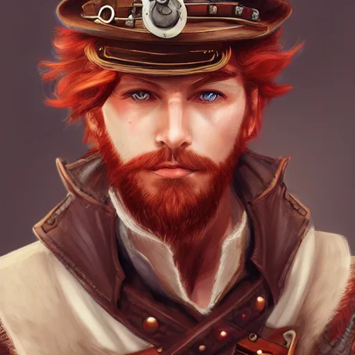 Image similar to rugged ship captain, male, handsome, red hair, long hair, handsome, fantasy, intricate, elegant, highly detailed, piercing eyes, steampunk, digital painting, artstation, concept art, character art, smooth, sharp focus, illustration, art by artgerm