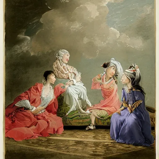 Prompt: saudi arabia in the style and the language of Rococo, reimagining the dynamism of works by eighteenth-century artists such as Giovanni Battista Tiepolo, François Boucher, Nicolas Lancret and Jean-Antoine Watteau through a filter of contemporary cultural references including film, food and consumerism