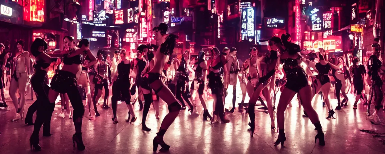 Image similar to gangster in cyberpunk night adult club, 3 5 mm, show. girls dancing, low angle, blade runner, akira, cinematic angle, cinematic lighting, reflections, action, fight