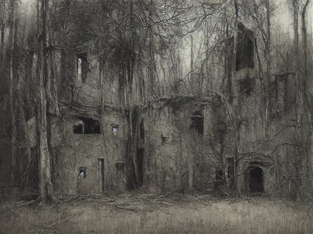Image similar to abandoned wooden house in the woods, by zdzislaw beksinski, oil on canvas