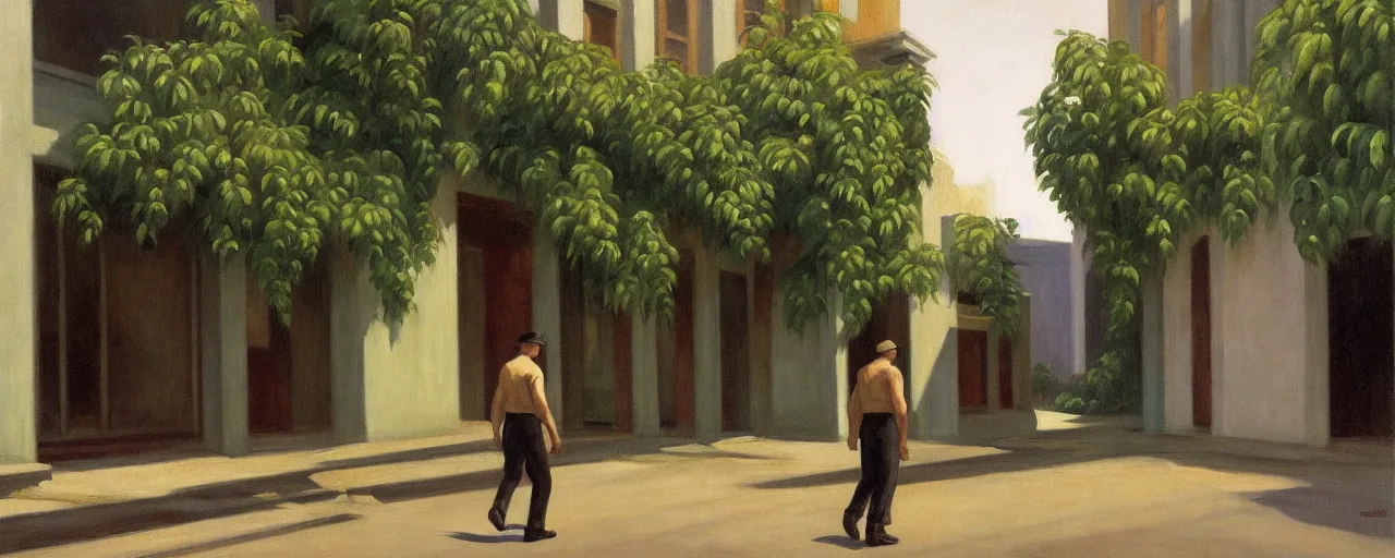 Prompt: oil painting of a man wandering the abandoned streets of city and the buildings are covered in plants and vines, edward hopper.