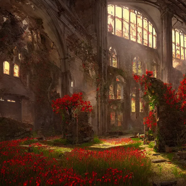 Prompt: a interior photo of a ruined church with a lot of red flowers growing inside at sunset, godrays, complementary colours, concept art, DeviantArt, Ferdinand Knab, beautiful, 8K,highly detailed, high quality spacious view in unreal engine rendering, CGSociety