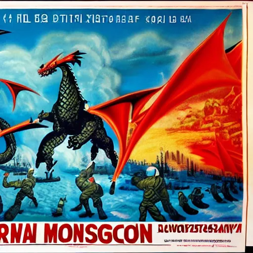 Image similar to Dragon invasion of Moscow, Russia cold war poster style