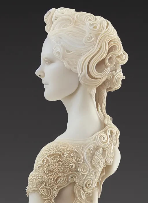 Image similar to opalescent marble sculpture of beautiful woman, ivory carving, fractal paisley inlay, lace, intricate, elegant, highly detailed, artgerm, lace, by ruan jia and greg rutkowski