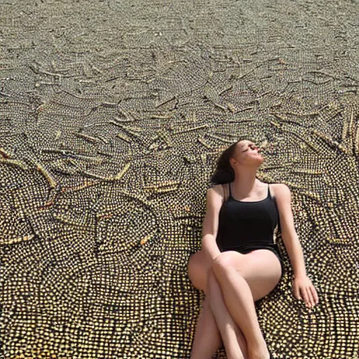 Prompt: young woman sunbathing on a beach made of thousands of nails, screws and other metal tools