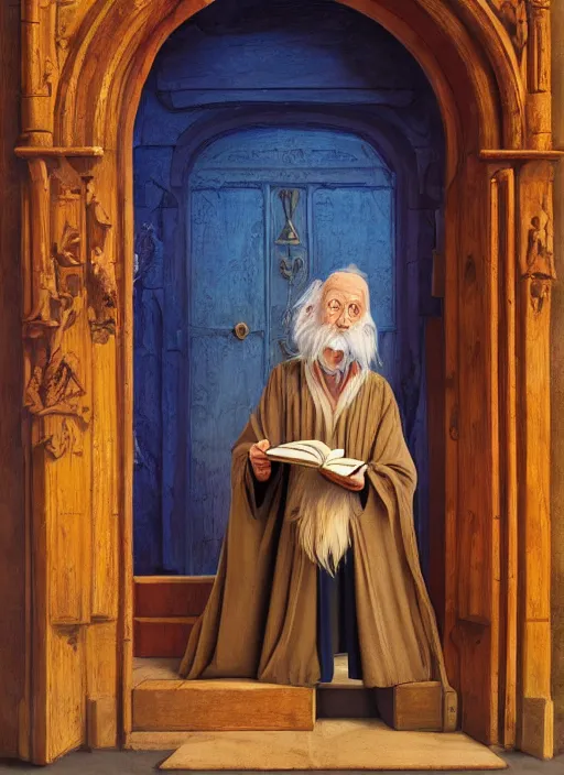 Image similar to an old wizard in robes holding a book standing in front of an elaborate ancient wooden door, beautiful colourful fantasy rendering, Agnolo Bronzino, Simon Stälenhag, ilm, beeple, N.C. Wyeth