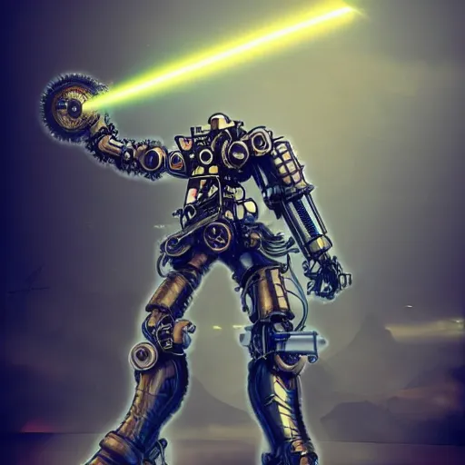 Prompt: a steampunk mech - suit that can shoot lazers, anime, plain background, cinematic lighting, finely detailed,