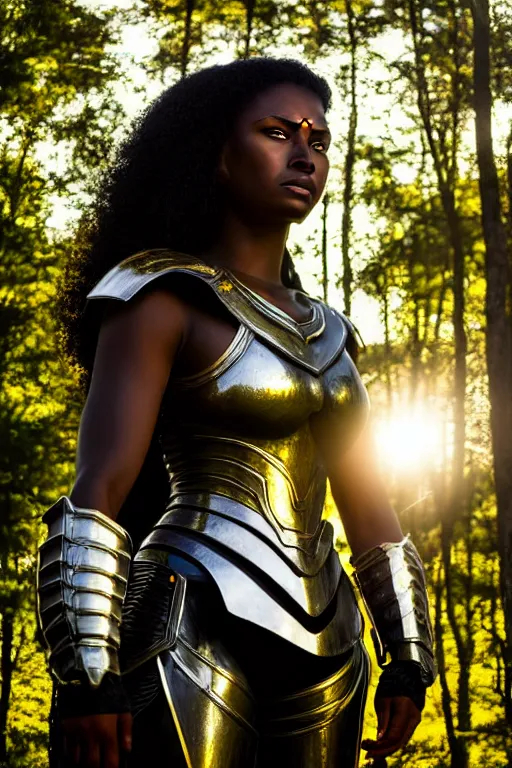 Image similar to hyperrealistic mithra black woman in armor in a forest sun behind her concept art eric zener elson peter cinematic side soft yellow light low angle hd 8k sharp shallow depth of field