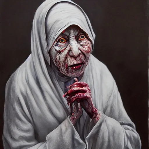 Prompt: a realistic painting of mother theresa as a zombie by Santiago Caruso, H 1024