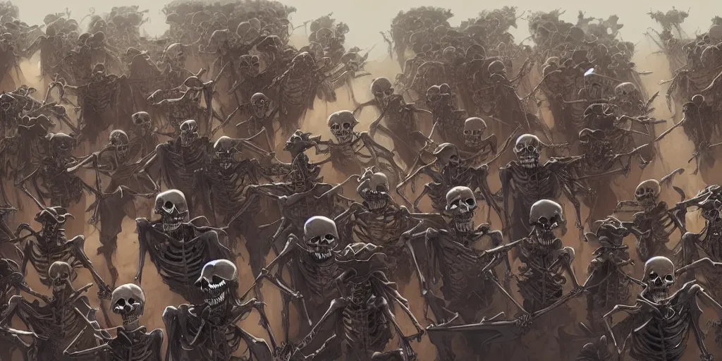 Prompt: expressive and detailed skeleton army battalion, organic flowing background, black ink & copic markers, vibrant muted colors, by arthur adams, by tom bagshaw and cushart krenz 8 k digital illustration, character concept art