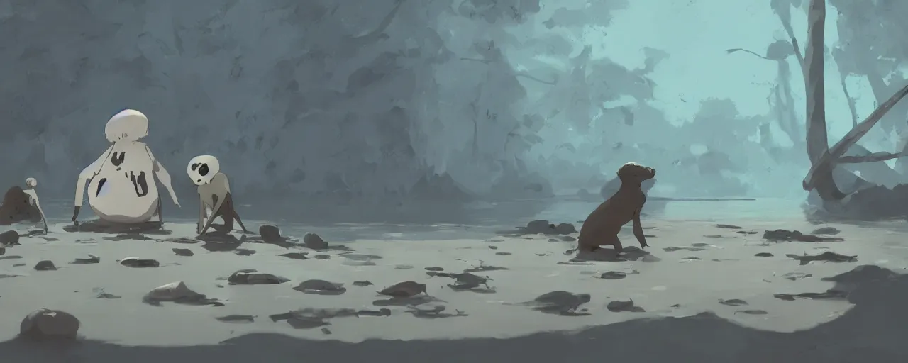 Image similar to seal bones and skull, in river mud, atey ghailan, goro fujita, studio ghibli, rim light, sad, dark lighting, clear focus, very coherent