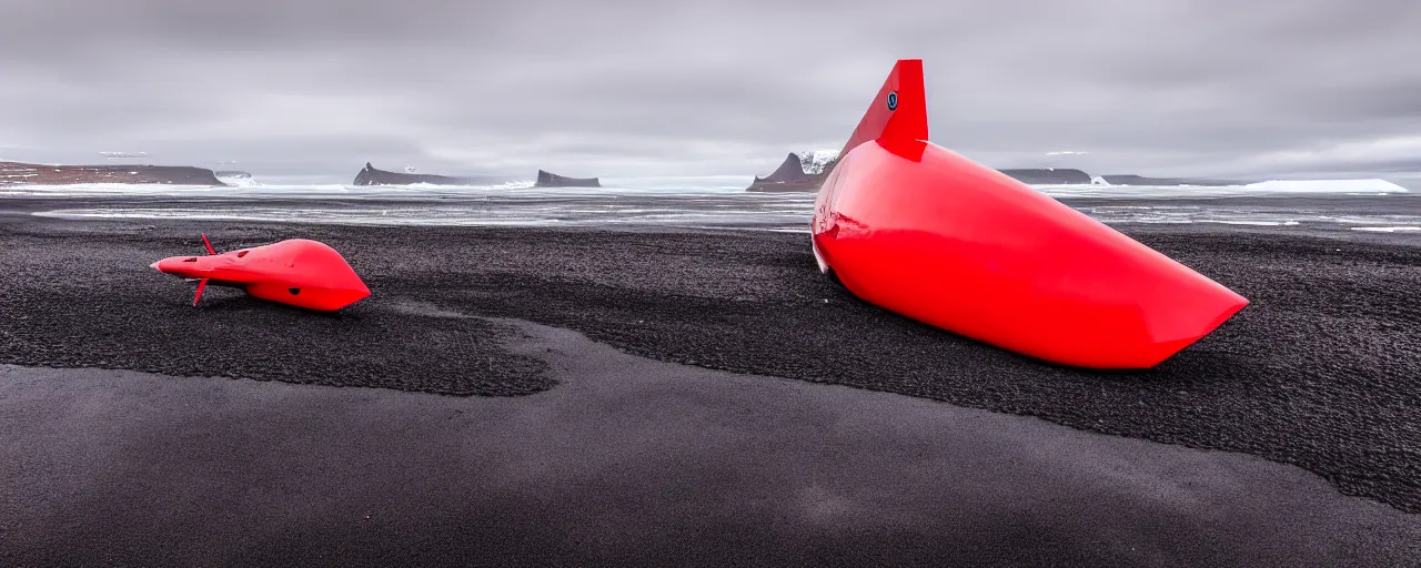 Image similar to cinematic shot of giant symmetrical red military spacecraft landing on an endless black sand beach in iceland with icebergs in the distance, 2 8 mm, shockwave