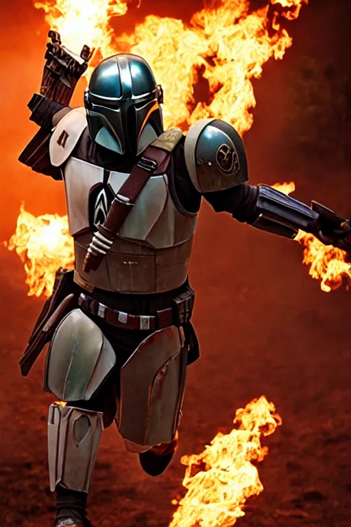 Image similar to a beautiful photo of a Mandalorian running through fire