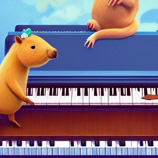 Image similar to Capybara playing on piano at the stage, made by Pixar studio, music cover art,